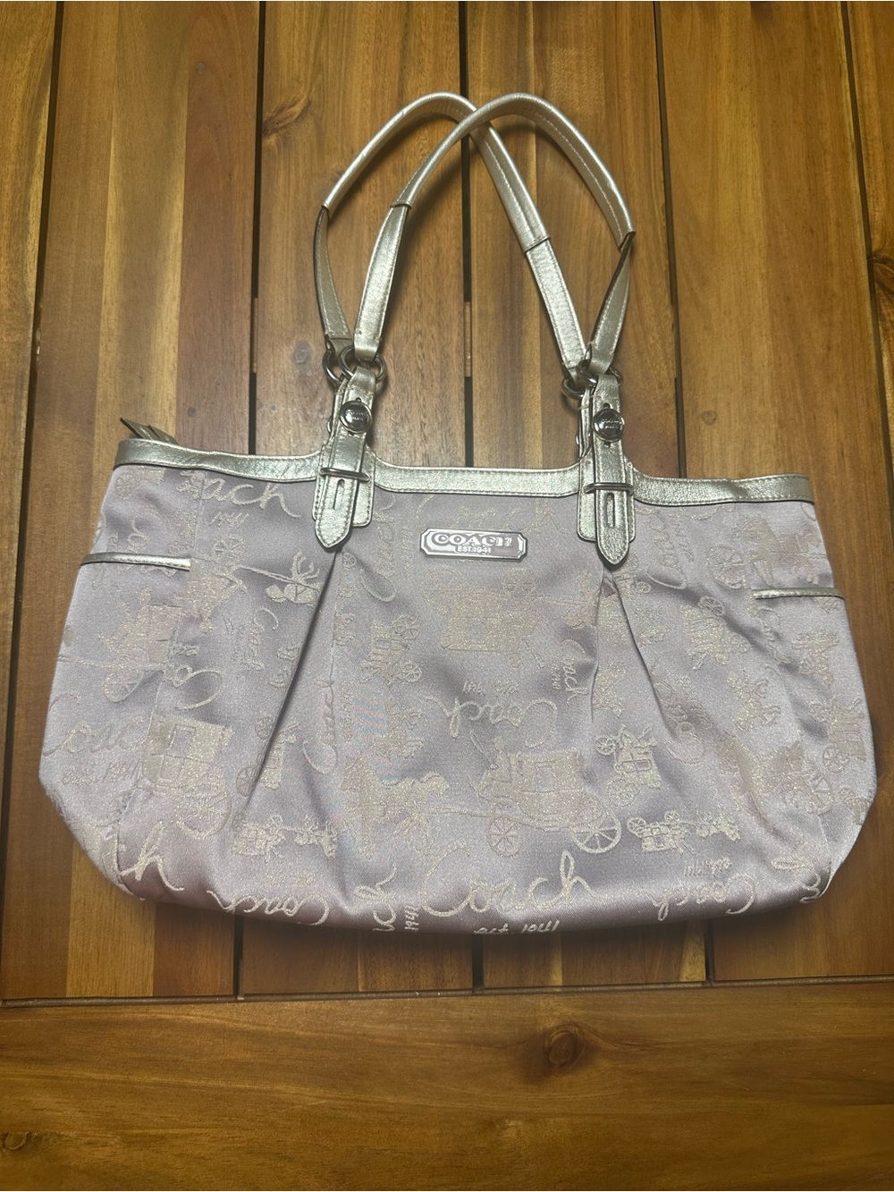 Coach Lavender Carriage Print Ashley Tote with Silver Trim